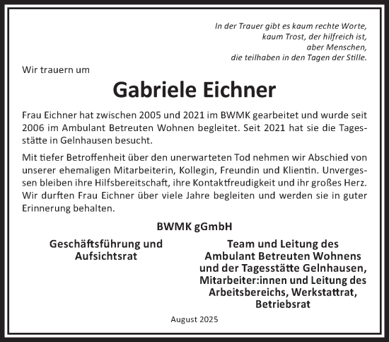 Traueranzeige von Gabriele Eichner von Gelnhäuser Neue Zeitung