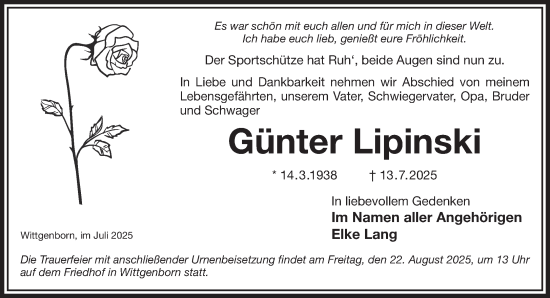 Traueranzeige von Günter Lipinski von Mittelhessen-Bote
