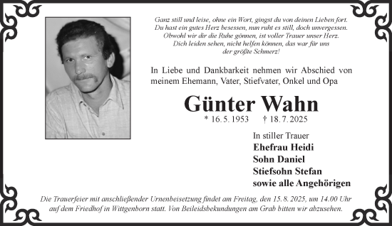 Traueranzeige von Günter Wahn von Gelnhäuser Neue Zeitung