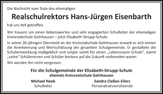 Traueranzeige von Hans-Jürgen Eisenbarth von Gelnhäuser Neue Zeitung