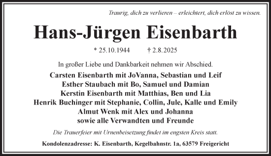 Traueranzeige von Hans-Jürgen Eisenbarth von Mittelhessen-Bote