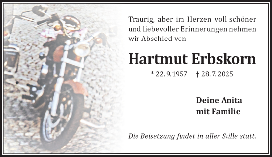 Traueranzeige von Hartmut Erbskorn von Gelnhäuser Neue Zeitung
