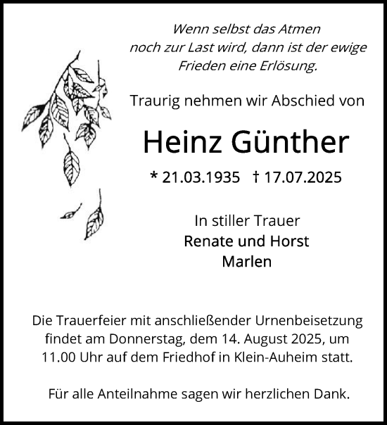 Traueranzeige von Heinz Günther von Mittelhessen-Bote