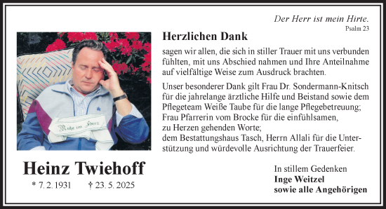 Traueranzeige von Heinz Twiehoff von Gelnhäuser Neue Zeitung