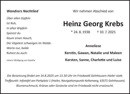 Traueranzeige von Heinz Georg Krebs von Mittelhessen-Bote