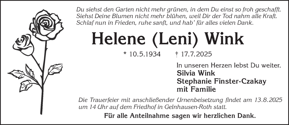  Traueranzeige für Helene Wink vom 09.08.2025 aus Mittelhessen-Bote