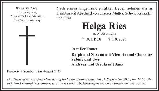 Traueranzeige von Helga Ries von Gelnhäuser Neue Zeitung