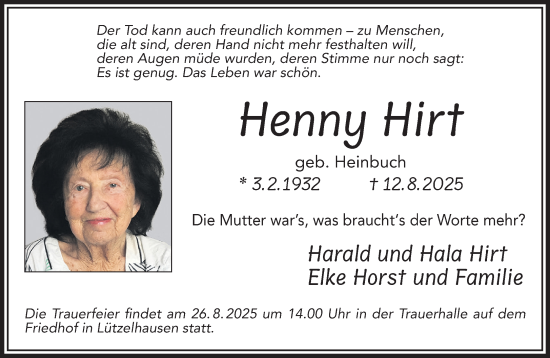 Traueranzeige von Henny Hirt von Gelnhäuser Neue Zeitung