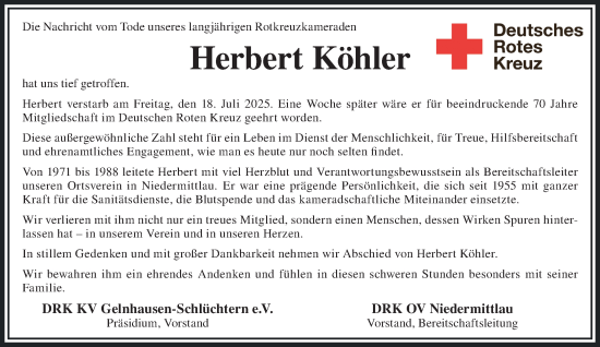 Traueranzeige von Herbert Köhler von Gelnhäuser Neue Zeitung