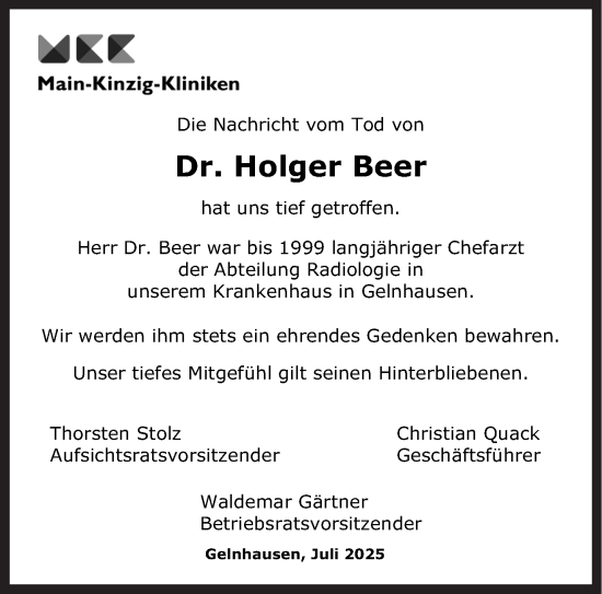 Traueranzeige von Holger Beer von Mittelhessen-Bote