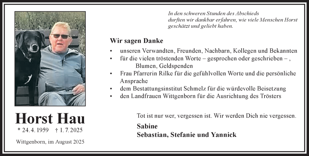  Traueranzeige für Horst Hau vom 09.08.2025 aus Gelnhäuser Neue Zeitung