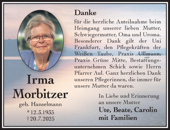 Traueranzeige von Irma Morbitzer von Mittelhessen-Bote