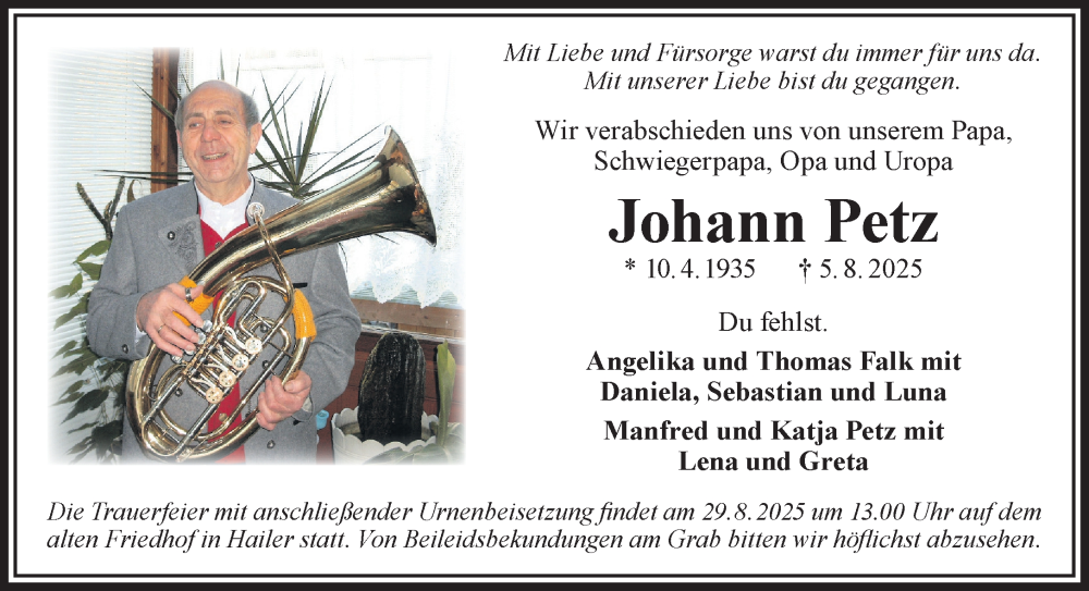  Traueranzeige für Johann Petz vom 23.08.2025 aus Gelnhäuser Neue Zeitung