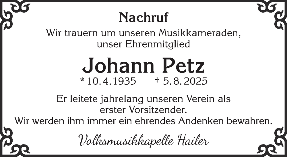  Traueranzeige für Johann Petz vom 30.08.2025 aus Mittelhessen-Bote