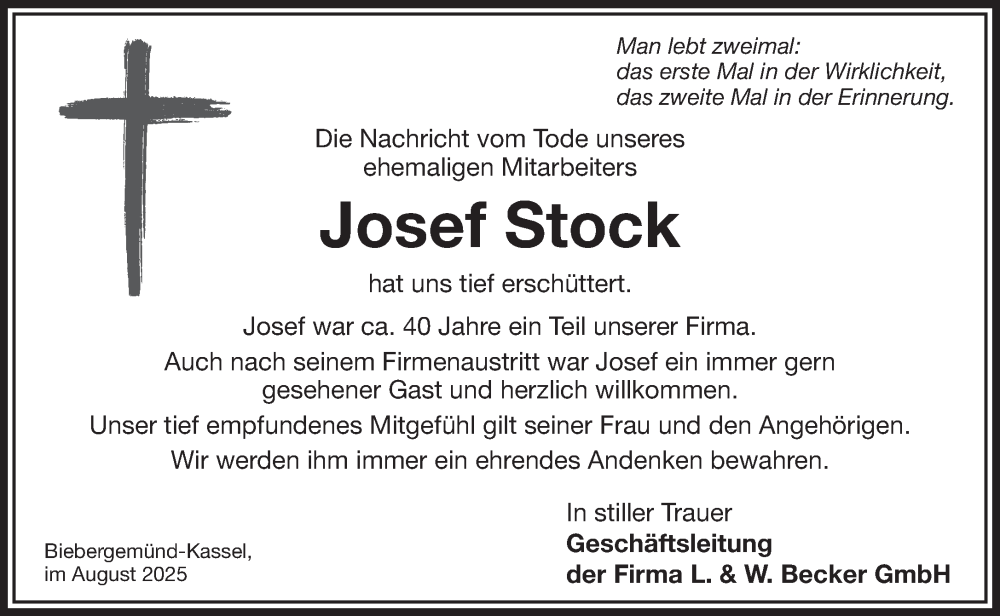  Traueranzeige für Josef Stock vom 13.08.2025 aus Gelnhäuser Neue Zeitung