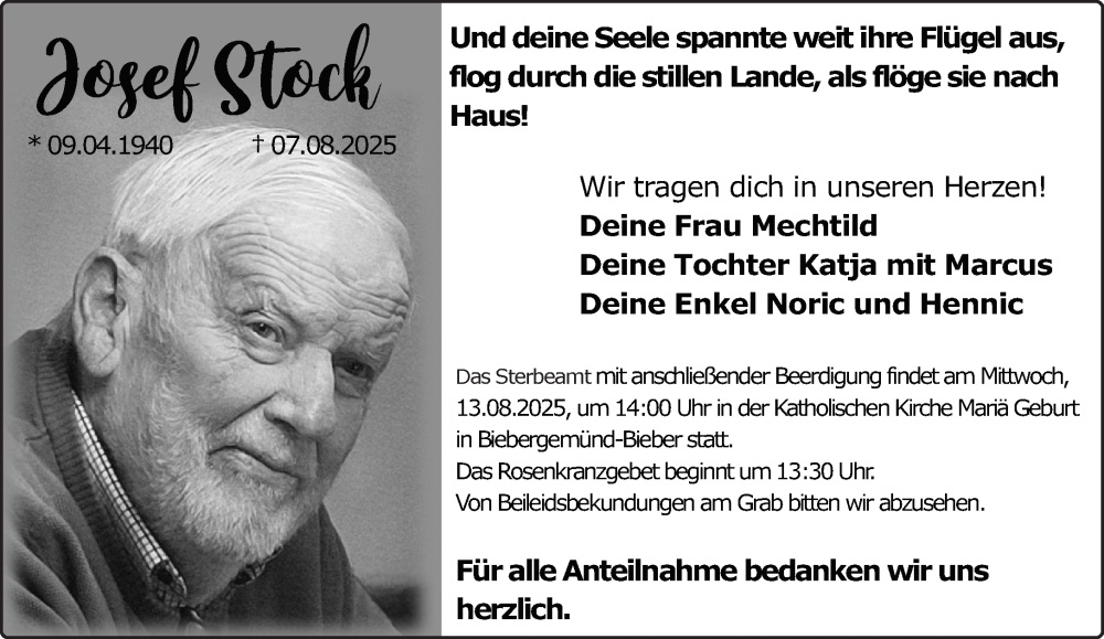  Traueranzeige für Josef Stock vom 09.08.2025 aus Gelnhäuser Neue Zeitung