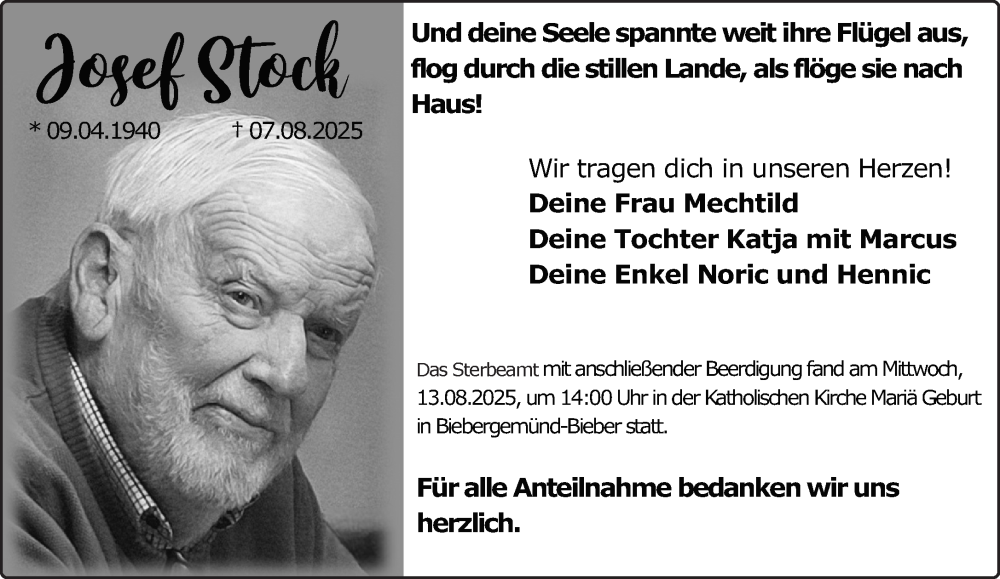  Traueranzeige für Josef Stock vom 16.08.2025 aus Mittelhessen-Bote