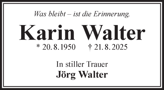 Traueranzeige von Karin Walter von Gelnhäuser Neue Zeitung