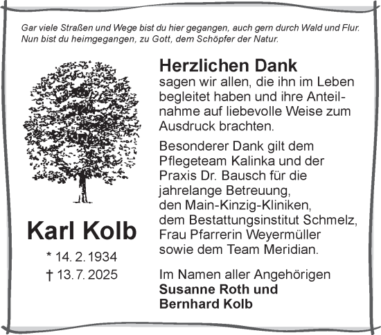 Traueranzeige von Karl Kolb von Gelnhäuser Neue Zeitung