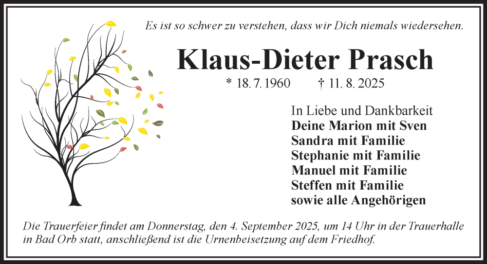  Traueranzeige für Klaus-Dieter Prasch vom 30.08.2025 aus Mittelhessen-Bote