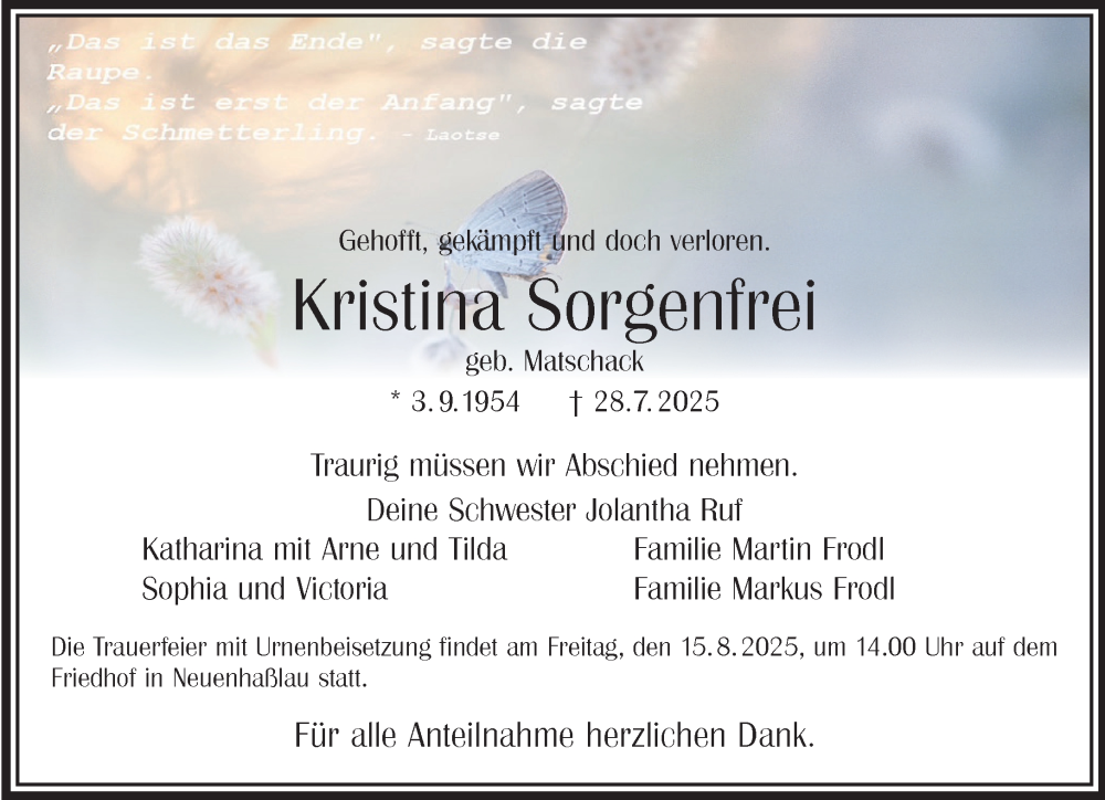  Traueranzeige für Kristina Sorgenfrei vom 09.08.2025 aus Gelnhäuser Neue Zeitung