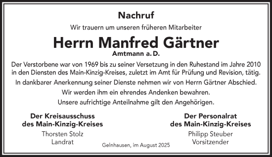 Traueranzeige von Manfred Gärtner von Mittelhessen-Bote