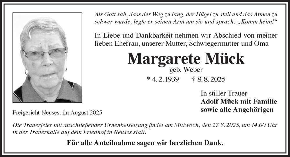  Traueranzeige für Margarete Mück vom 16.08.2025 aus Gelnhäuser Neue Zeitung