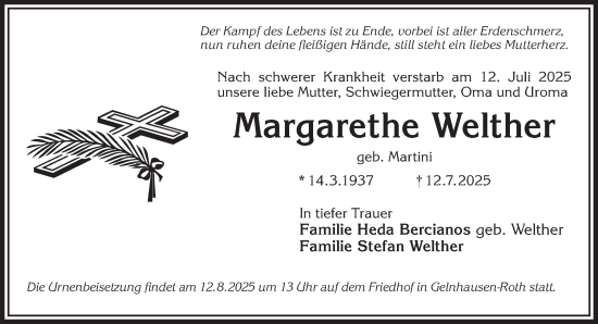 Traueranzeige von Margarethe Welther von Gelnhäuser Neue Zeitung