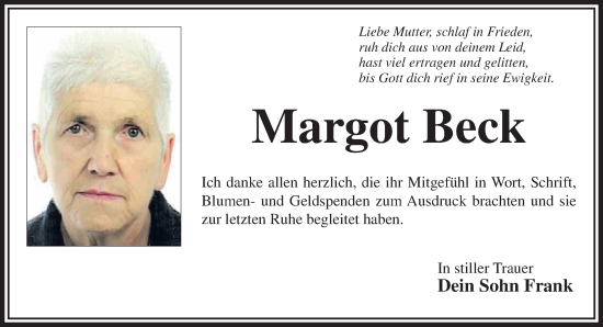 Traueranzeige von Margot Beck von Gelnhäuser Neue Zeitung