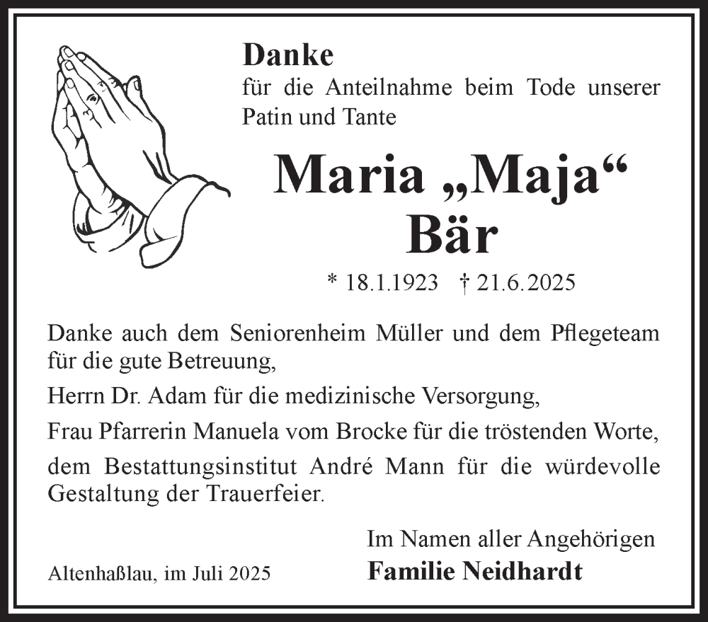  Traueranzeige für Maria Bär vom 02.08.2025 aus Mittelhessen-Bote
