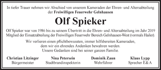 Traueranzeige von Olf Spieker von Gelnhäuser Neue Zeitung