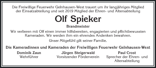 Traueranzeige von Olf Spieker von Gelnhäuser Neue Zeitung