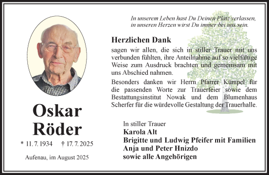 Traueranzeige von Oskar Röder von Gelnhäuser Neue Zeitung