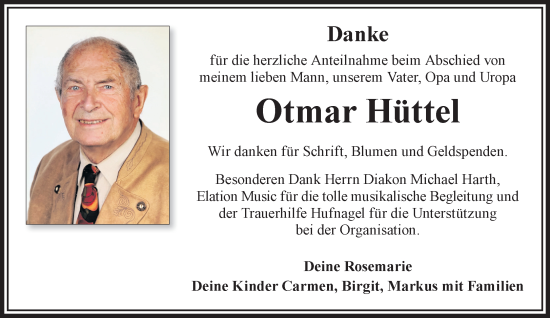 Traueranzeige von Otmar Hüttel von Mittelhessen-Bote