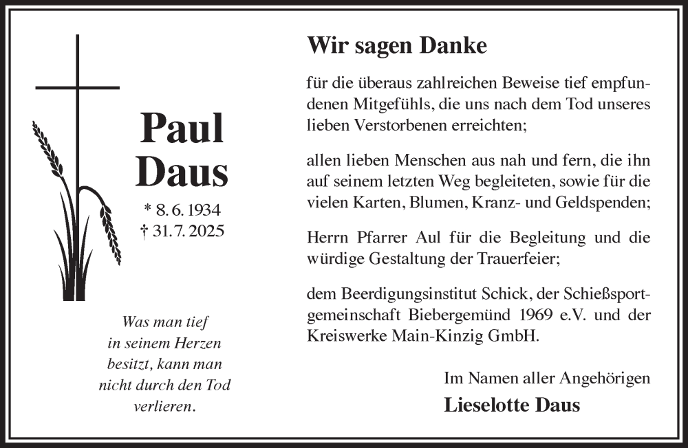  Traueranzeige für Paul Daus vom 30.08.2025 aus Mittelhessen-Bote