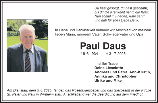 Traueranzeige von Paul Daus von Mittelhessen-Bote