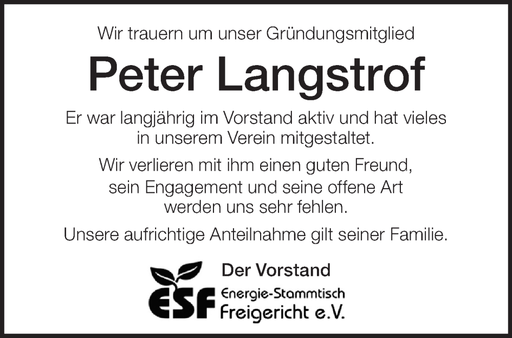  Traueranzeige für Peter Langstrof vom 09.08.2025 aus Mittelhessen-Bote