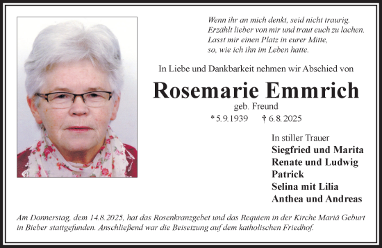 Traueranzeige von Rosemarie Emmrich von Mittelhessen-Bote