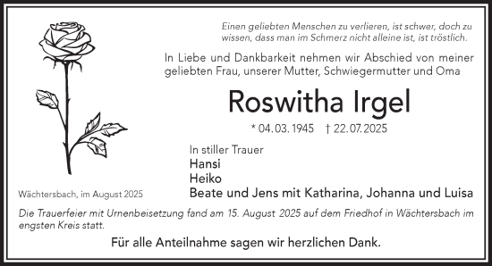 Traueranzeige von Roswitha Irgel von Gelnhäuser Neue Zeitung