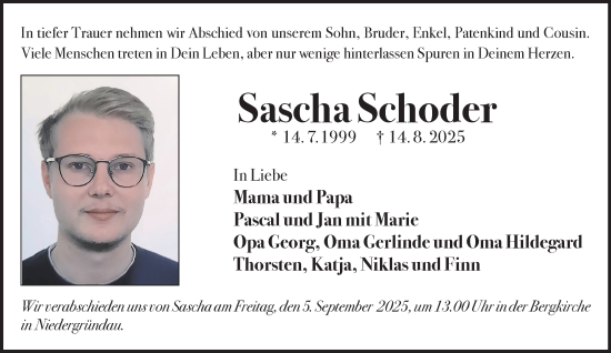 Traueranzeige von Sascha Schoder von Gelnhäuser Neue Zeitung