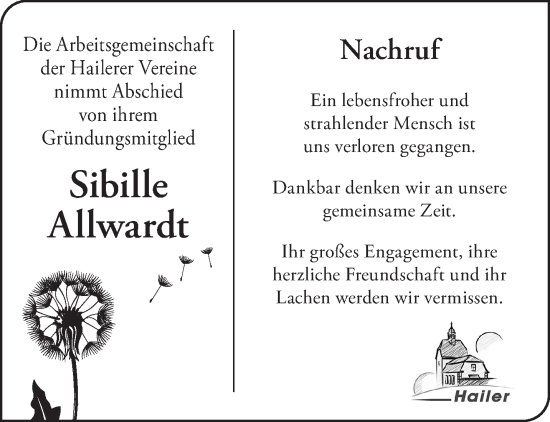 Traueranzeige von Sibille Allwardt von Gelnhäuser Neue Zeitung
