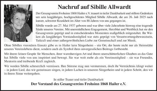 Traueranzeige von Sibille Allwardt von Gelnhäuser Neue Zeitung