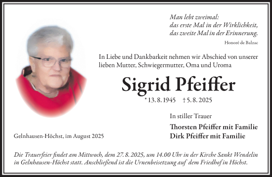 Traueranzeige von Sigrid Pfeiffer von Gelnhäuser Neue Zeitung