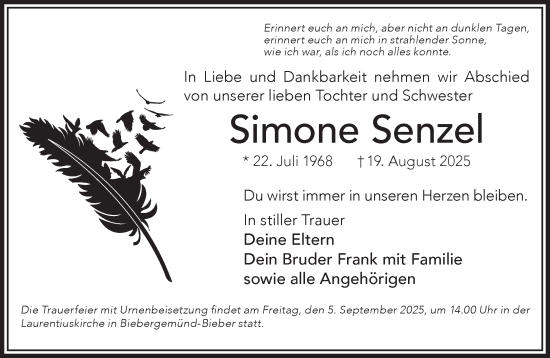 Traueranzeige von Simone Senzel von Gelnhäuser Neue Zeitung