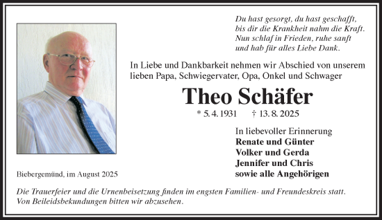 Traueranzeige von Theo Schäfer von Gelnhäuser Neue Zeitung