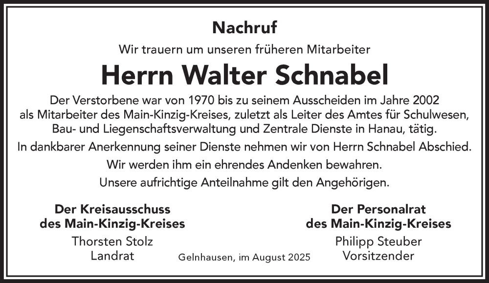  Traueranzeige für Walter Schnabel vom 02.08.2025 aus Mittelhessen-Bote