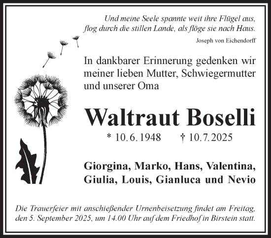 Traueranzeige von Waltraut Boselli von Gelnhäuser Neue Zeitung