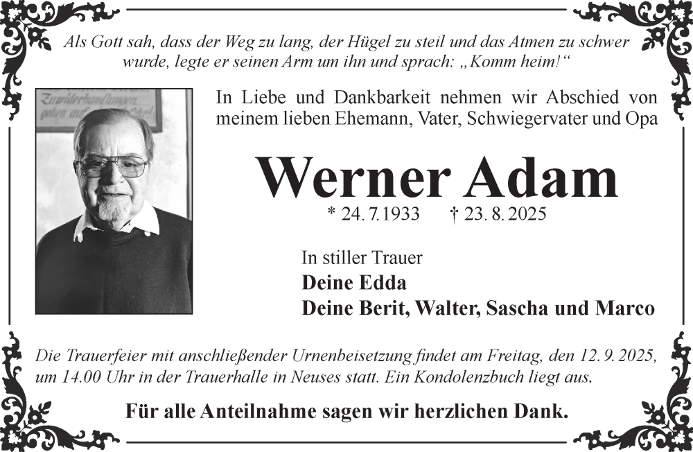  Traueranzeige für Werner Adam vom 30.08.2025 aus Gelnhäuser Neue Zeitung