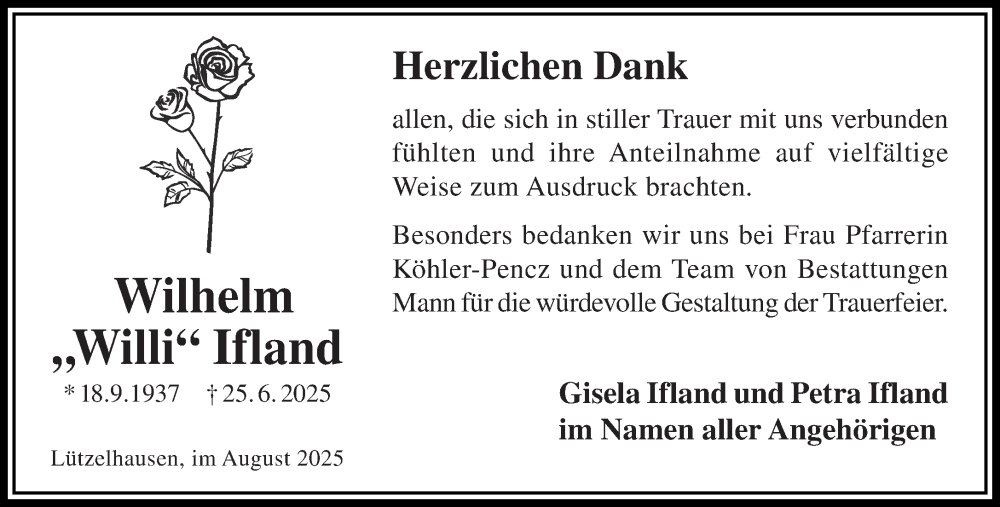  Traueranzeige für Wilhelm Ifland vom 02.08.2025 aus Gelnhäuser Neue Zeitung