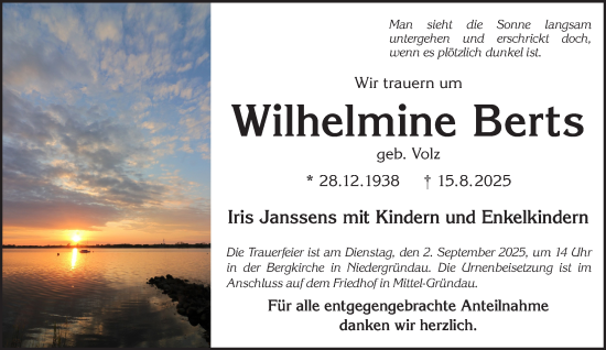 Traueranzeige von Wilhelmine Berts von Gelnhäuser Neue Zeitung